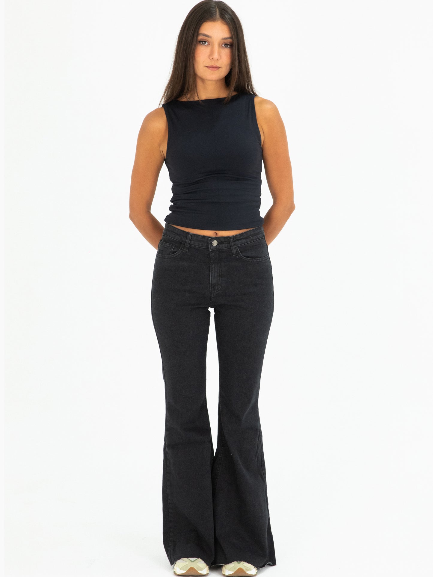 70s Black Mid Rise Flare Jeans