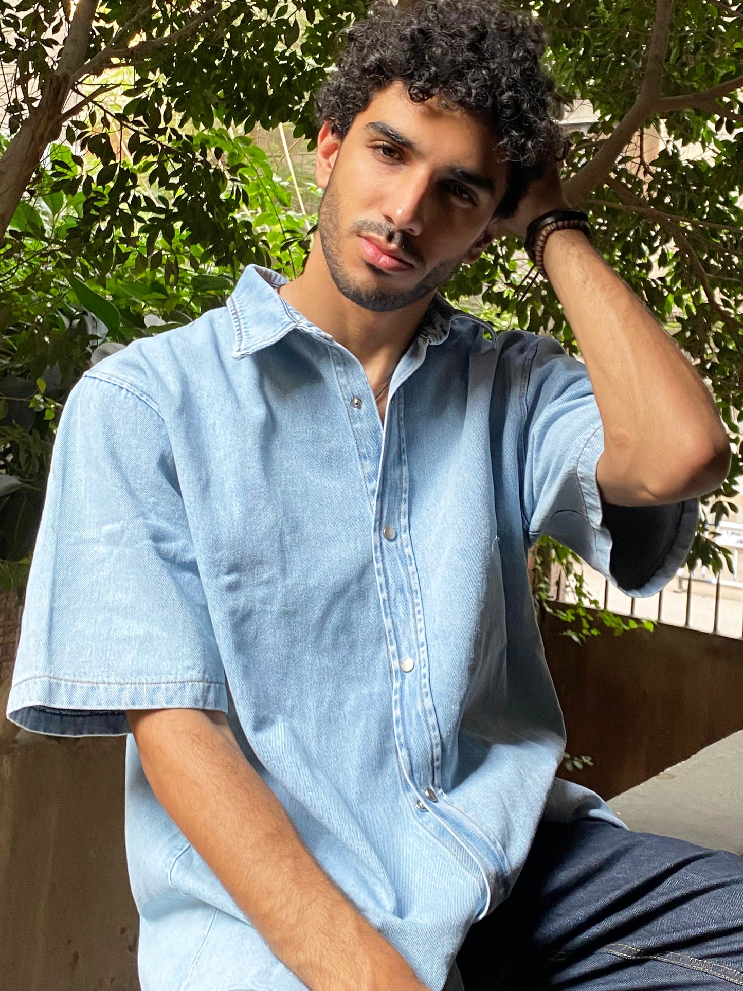 Light blue short sleeve denim shirt