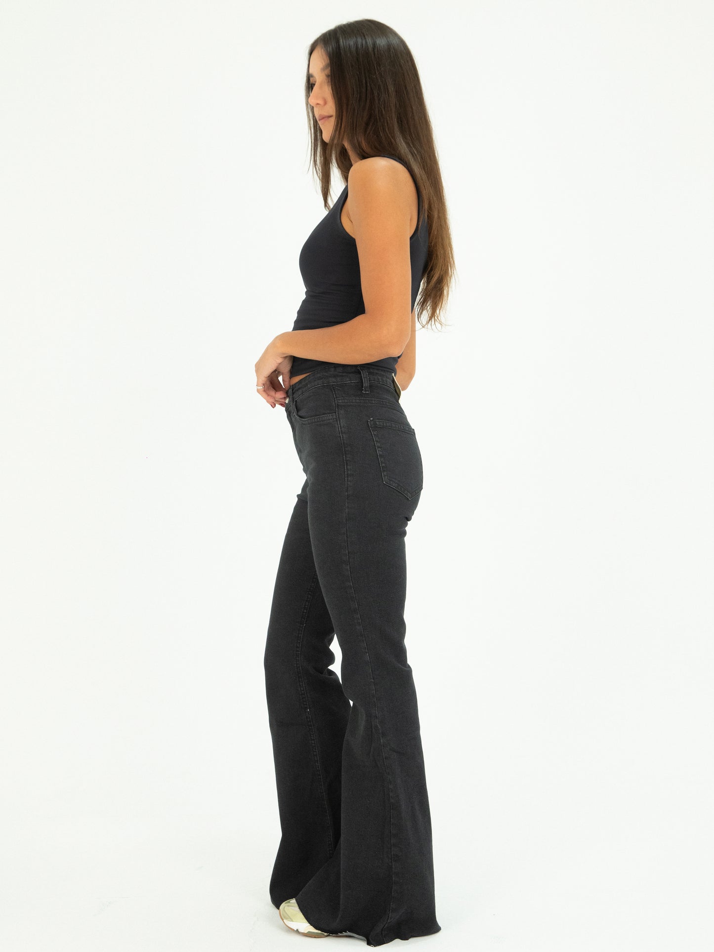 70s Black Mid Rise Flare Jeans