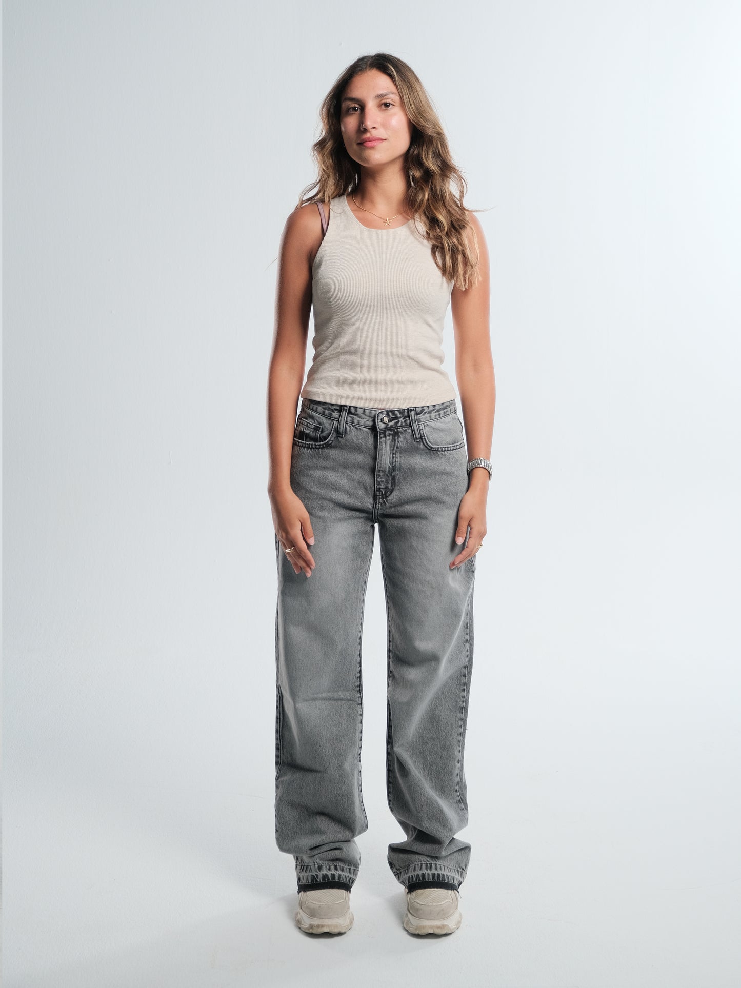 Light grey mid rise straight jeans