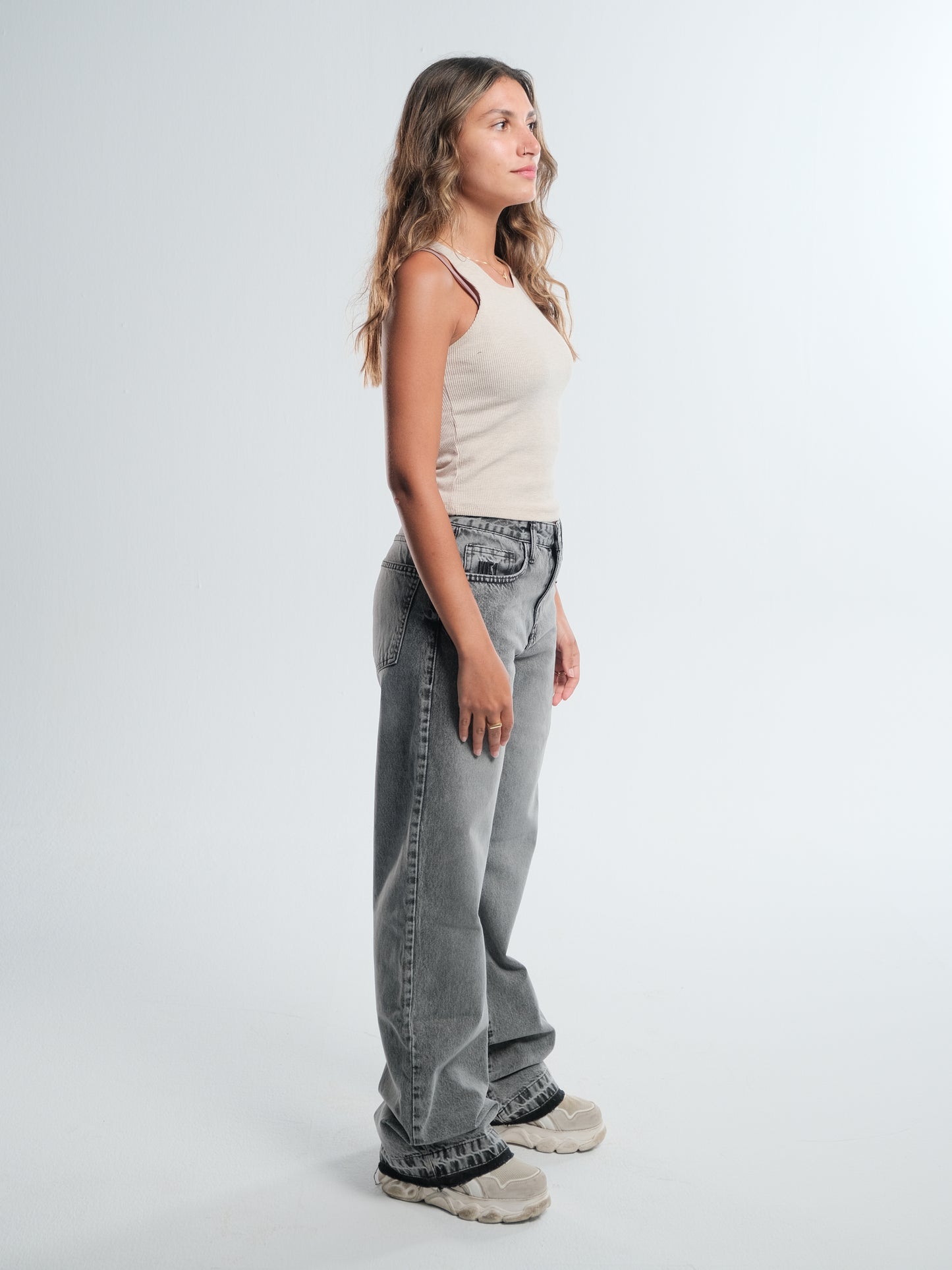 Light grey mid rise straight jeans